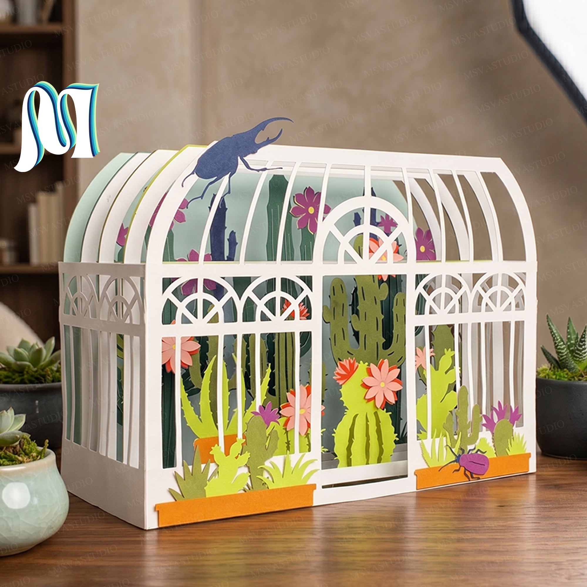 Greenhouse Garden Pop-Up Card SVG – 3D Tropical Plant Paper Craft Template 3