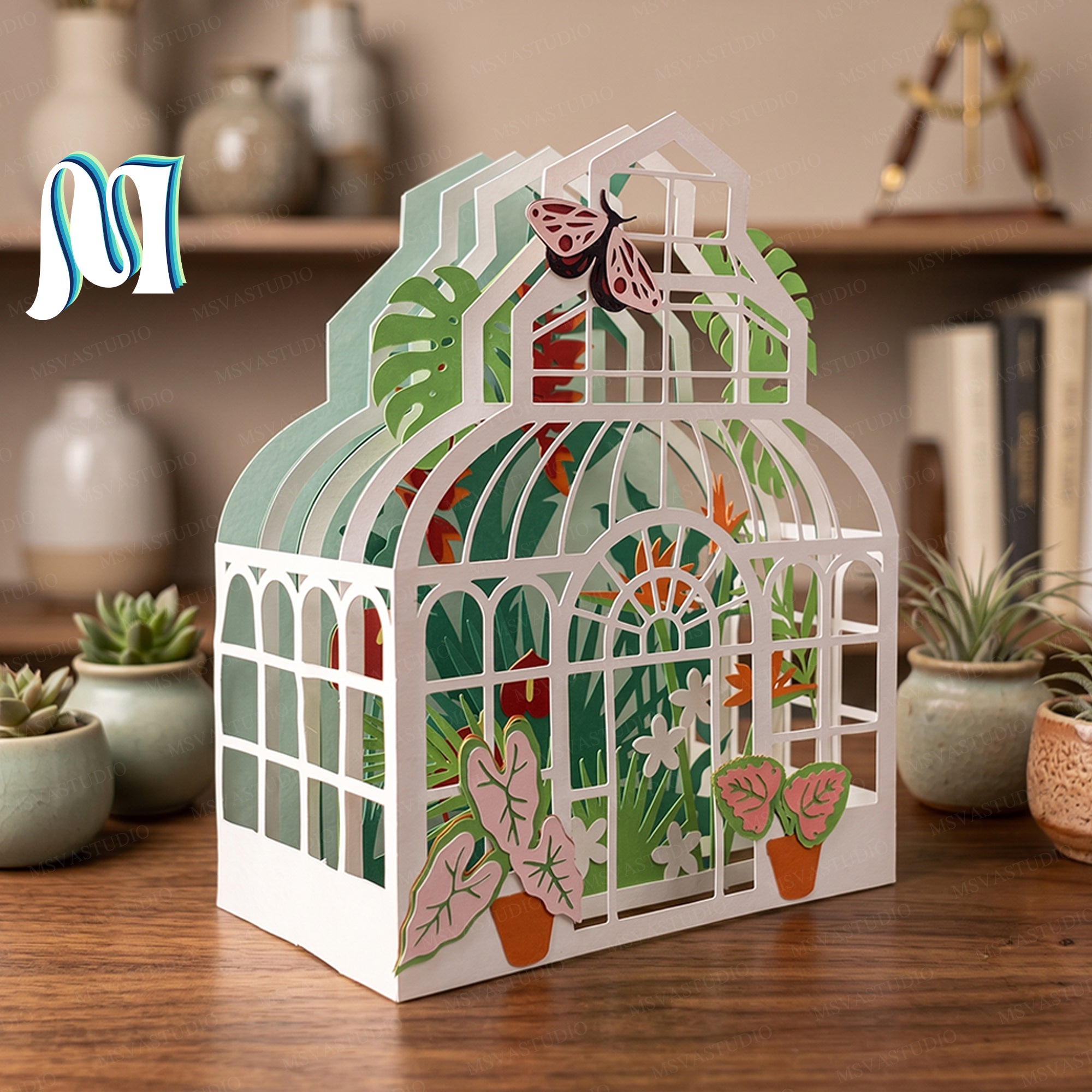 Combo 3 Greenhouse Garden Pop-Up Card SVG – 3D Tropical Plant Paper Craft Template
