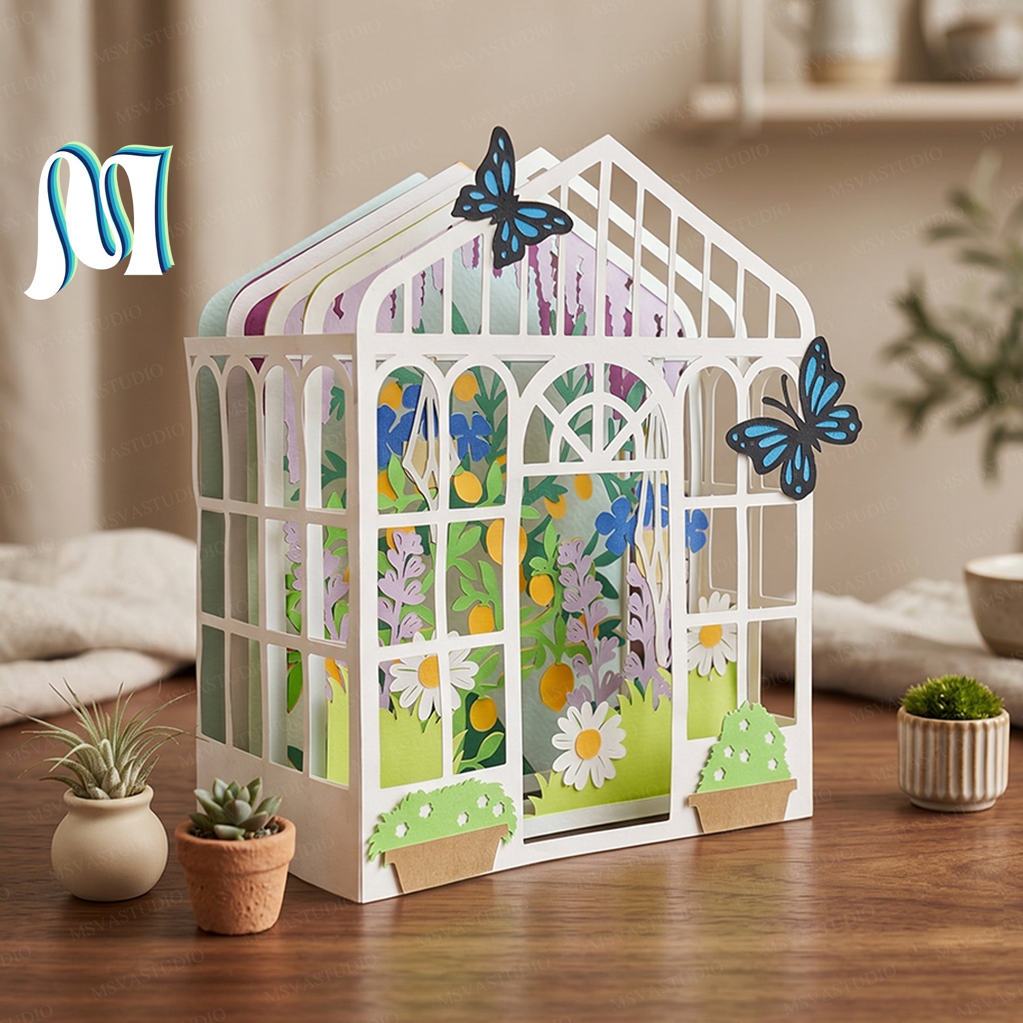 Greenhouse Garden Pop-Up Card SVG – 3D Tropical Plant Paper Craft Template 2