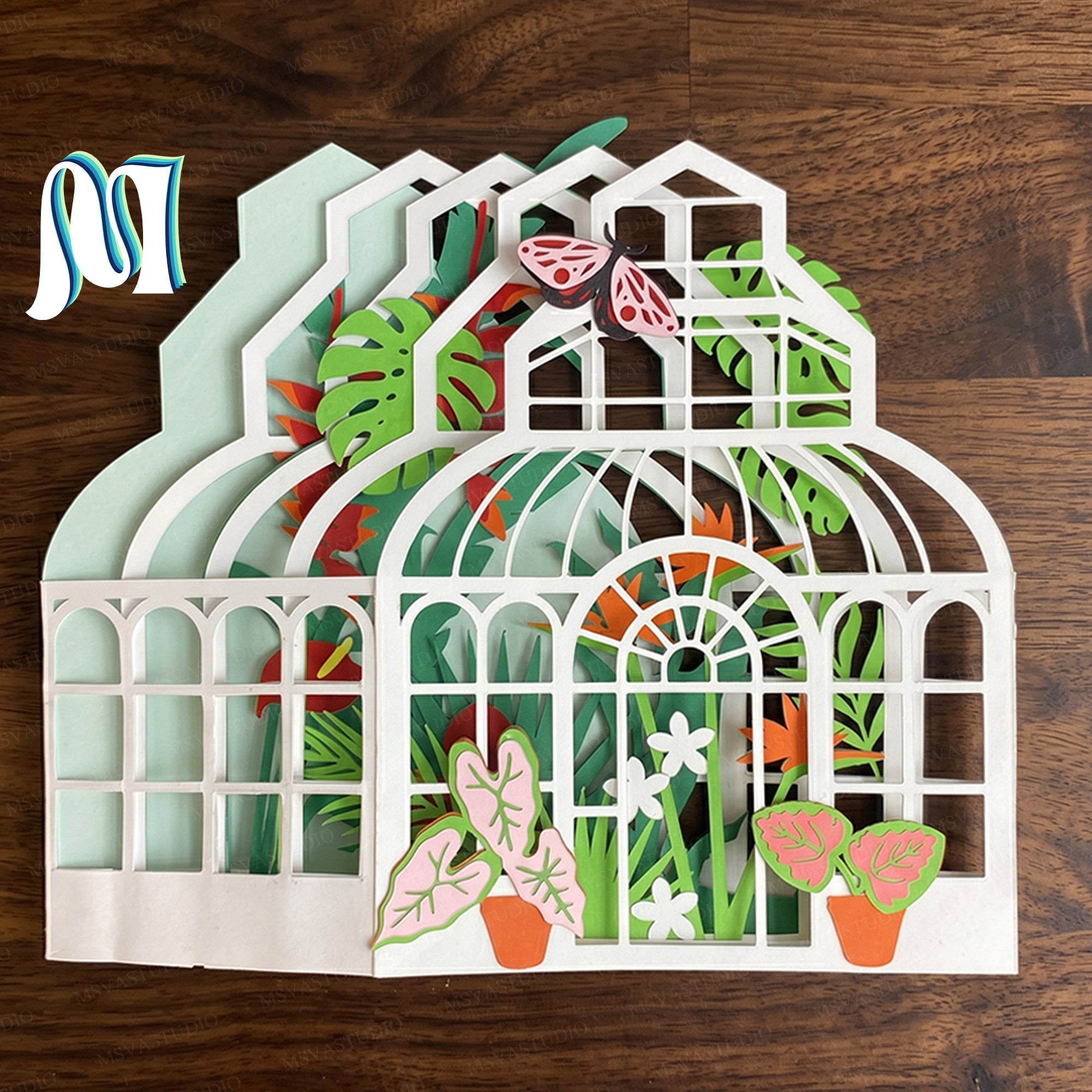 Combo 3 Greenhouse Garden Pop-Up Card SVG – 3D Tropical Plant Paper Craft Template