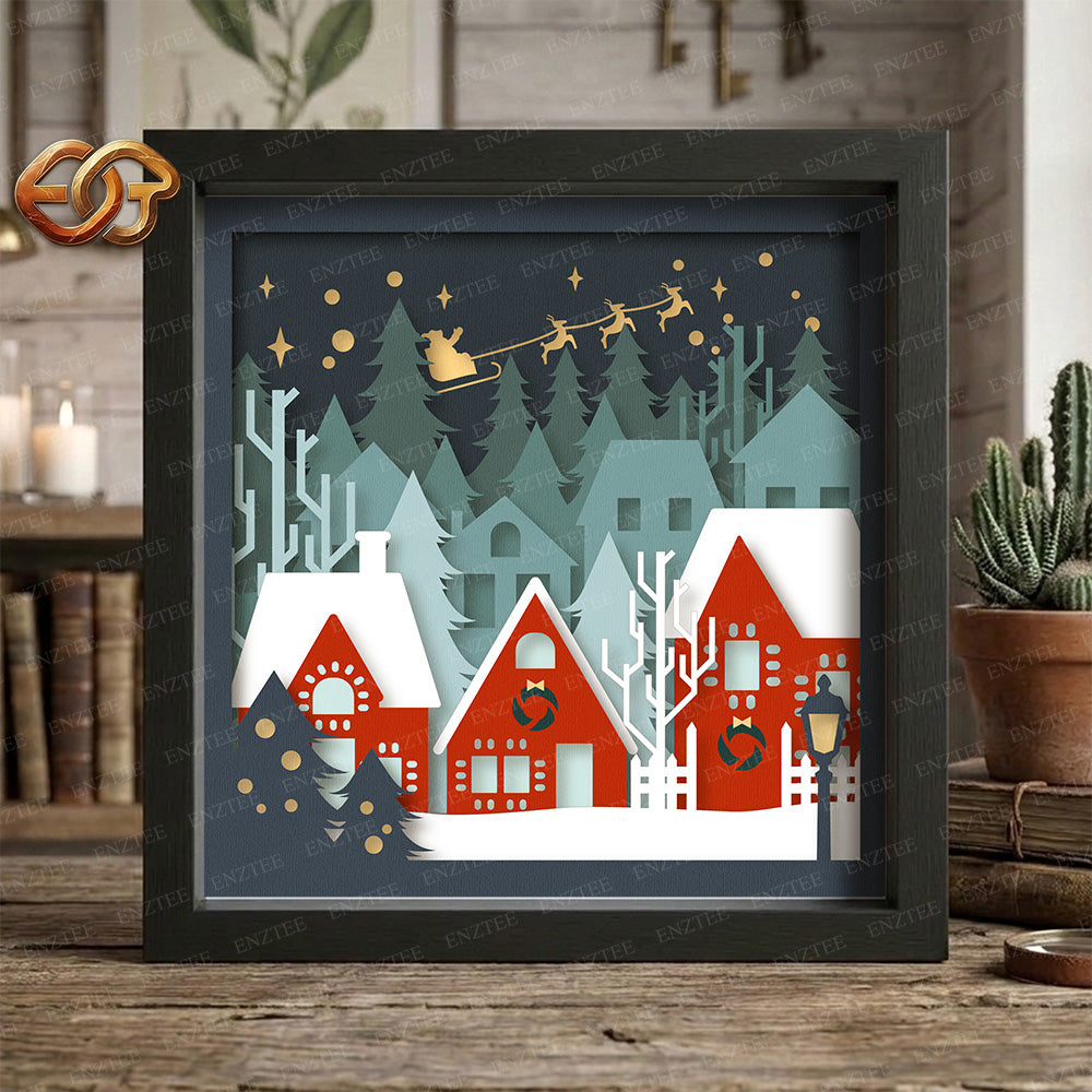 Christmas Village Shadow Box SVG for Cricut | 3D Layered SVG Paper Cut Light Template 1