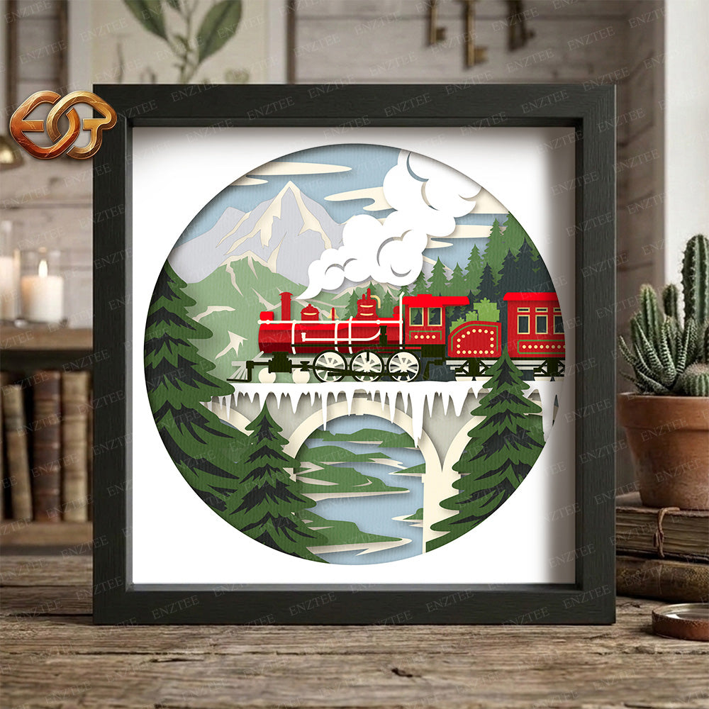 Christmas Train Shadow Box SVG for Cricut | 3D Layered SVG Paper Cut Light Template
