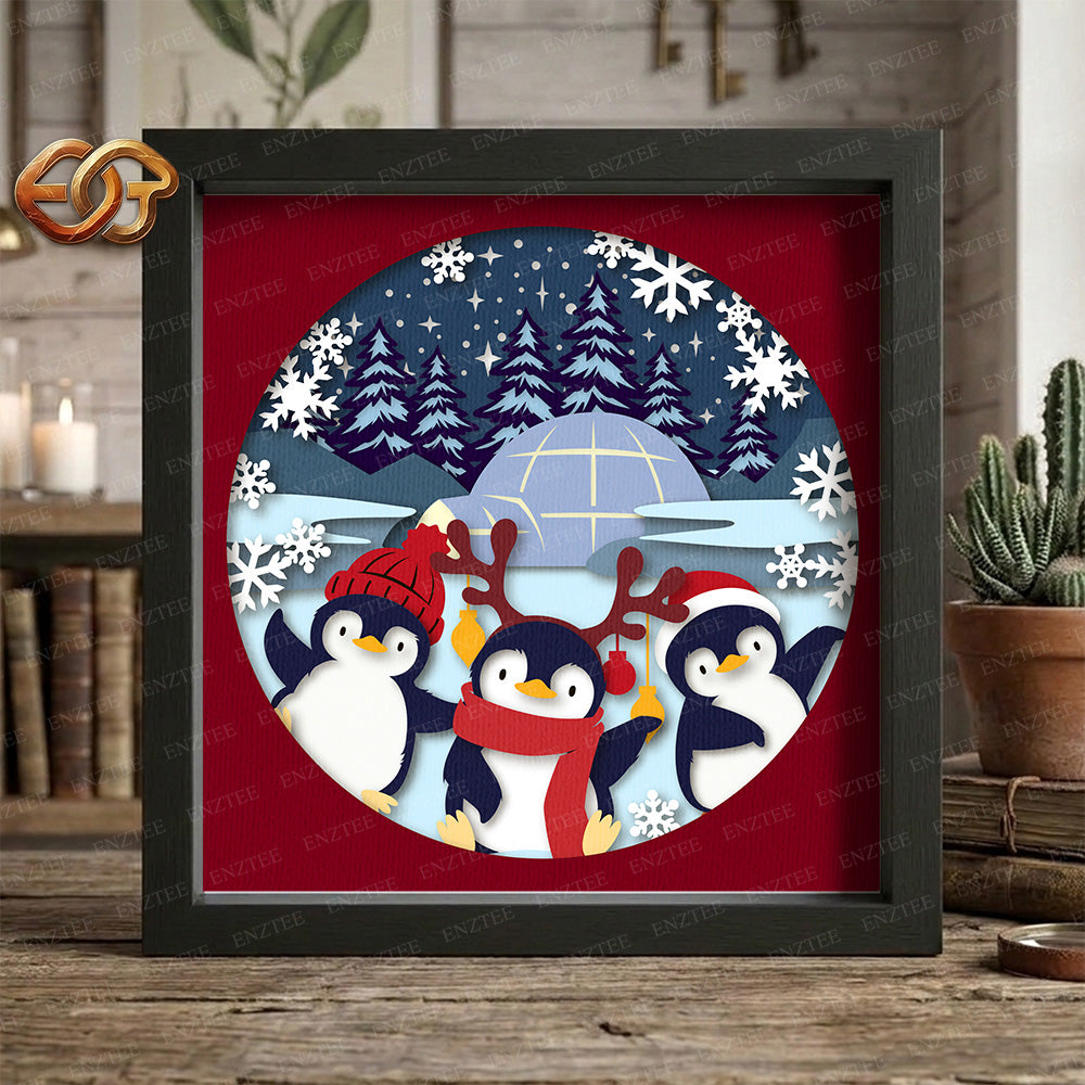 Christmas Penguins Shadow Box SVG for Cricut | 3D Layered SVG Paper Cut Light Template