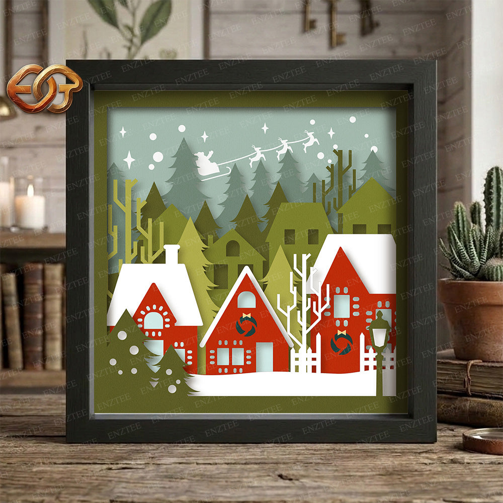 Christmas Village Shadow Box SVG for Cricut | 3D Layered SVG Paper Cut Light Template 1