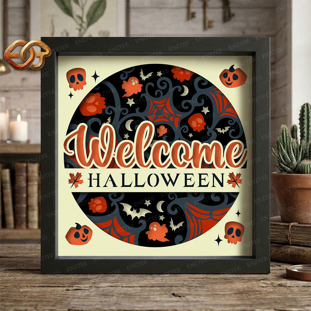 Welcome Halloween Shadow Box SVG for Cricut | 3D Layered SVG Paper Cut Light Template