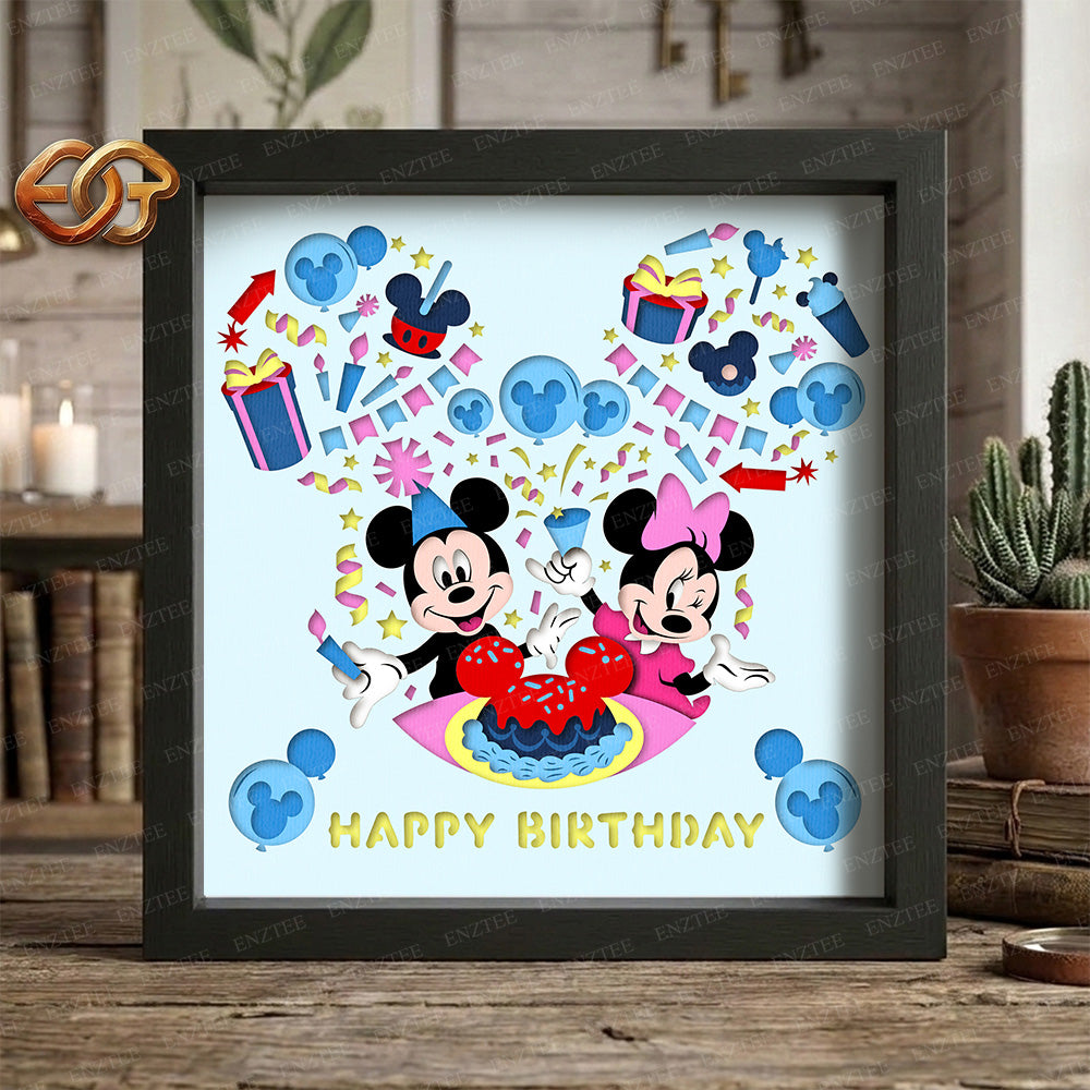 Happy Birthday Mouse Couple Shadow Box SVG for Cricut | 3D Layered SVG Paper Cut Light Template
