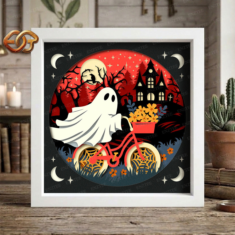 Spooky Bike Ride Shadow Box SVG for Cricut | 3D Layered SVG Paper Cut Light Template