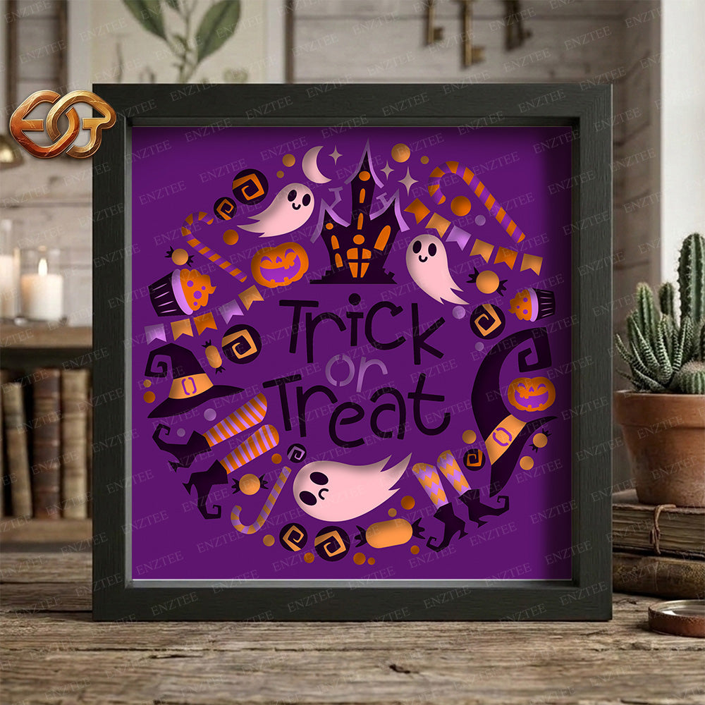 Trick or Treat Shadow Box SVG for Cricut | 3D Layered SVG Paper Cut Light Template 1