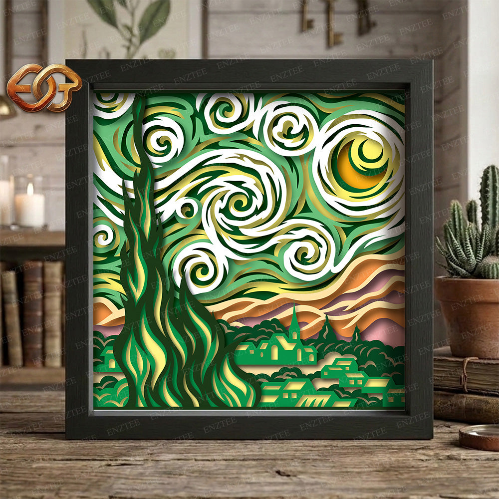Starry Night Shadow Box SVG for Cricut | 3D Layered SVG Paper Cut Light Box Template