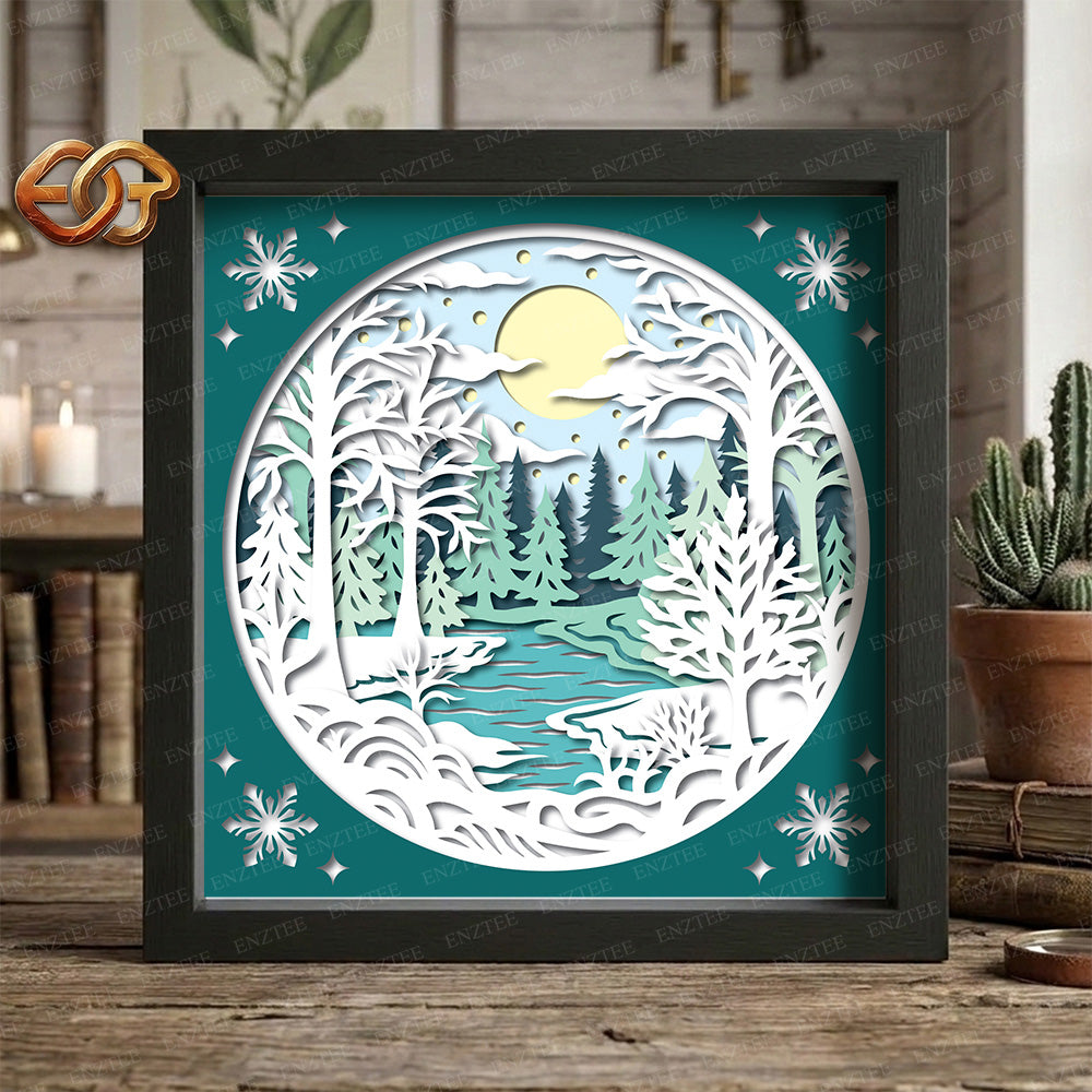 Winter Landscape Shadow Box SVG for Cricut | 3D Layered SVG Paper Cut Light Template 1