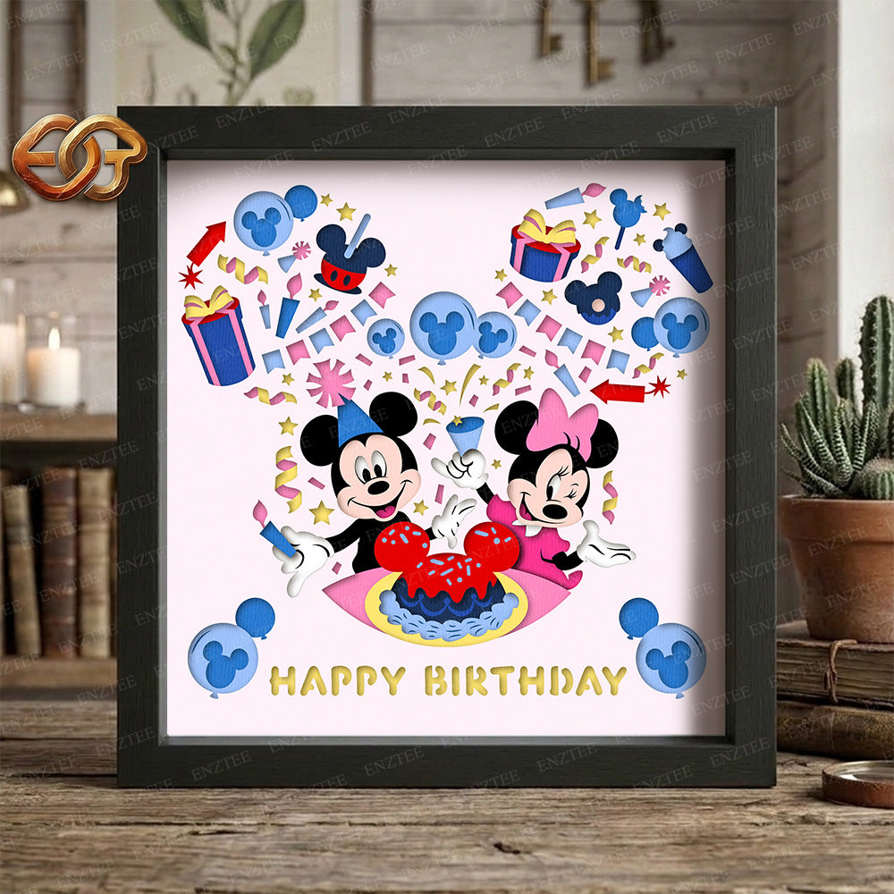 Happy Birthday Mouse Couple Shadow Box SVG for Cricut | 3D Layered SVG Paper Cut Light Template