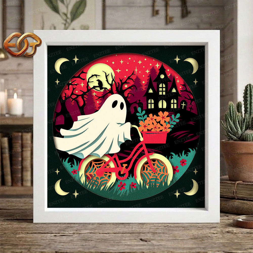 Spooky Bike Ride Shadow Box SVG for Cricut | 3D Layered SVG Paper Cut Light Template