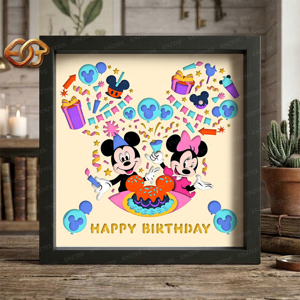 Happy Birthday Mouse Couple Shadow Box SVG for Cricut | 3D Layered SVG Paper Cut Light Template