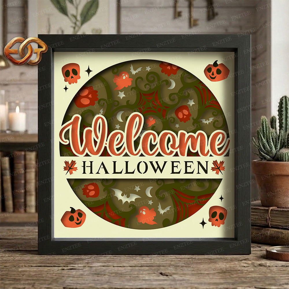 Welcome Halloween Shadow Box SVG for Cricut | 3D Layered SVG Paper Cut Light Template