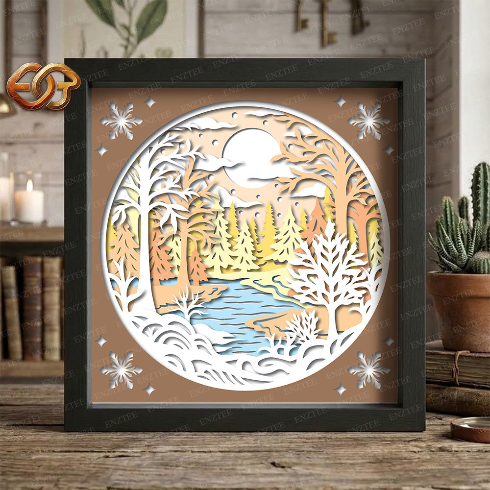 Winter Landscape Shadow Box SVG for Cricut | 3D Layered SVG Paper Cut Light Template 1