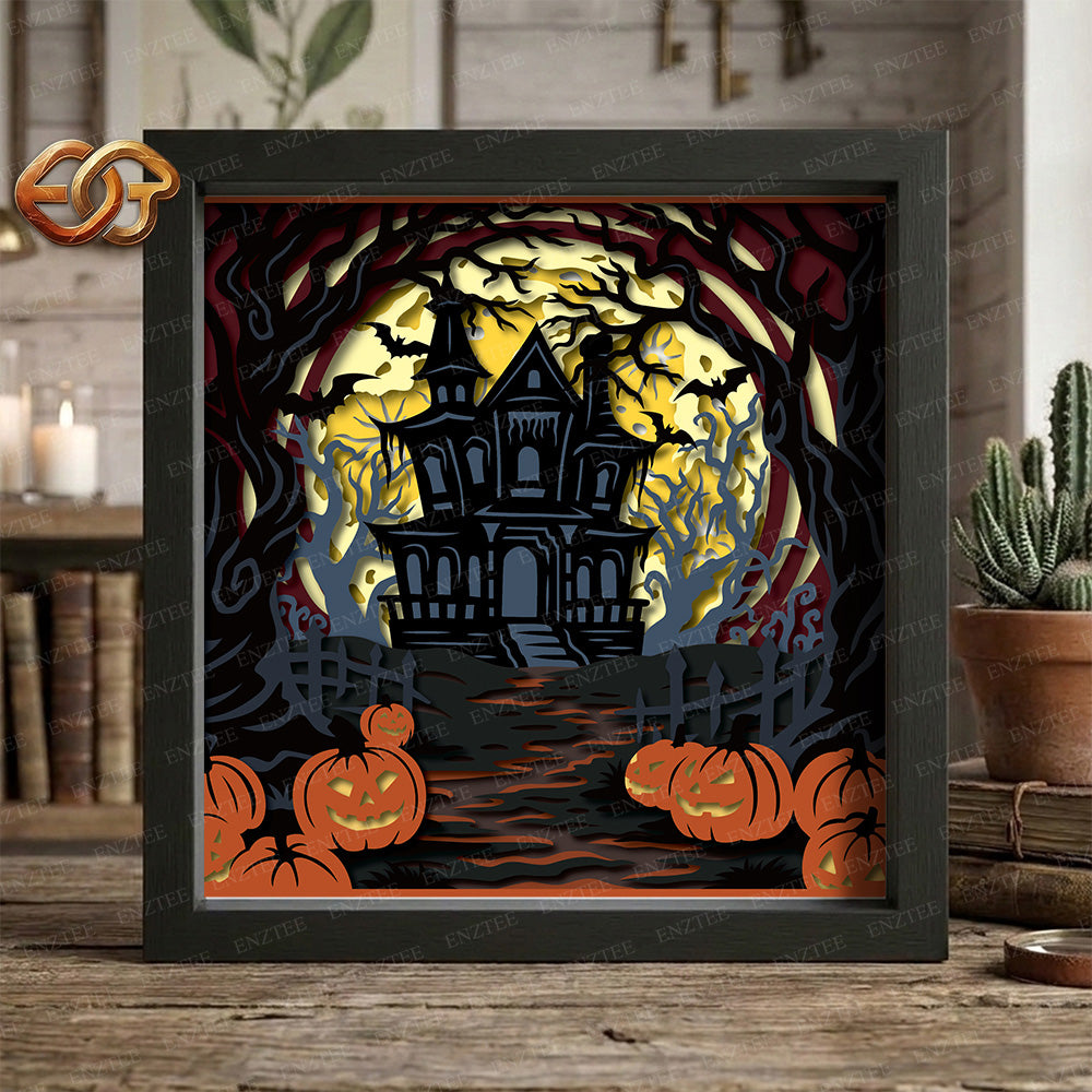 Haunted House Shadow Box SVG for Cricut | 3D Layered SVG Paper Cut Light Template 1