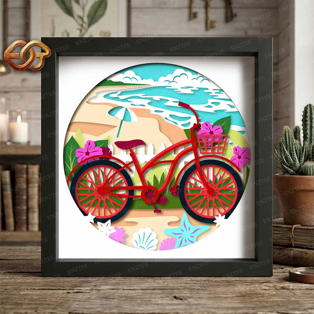 Beach Bicycle Shadow Box SVG for Cricut | 3D Layered SVG Paper Cut Light Box Template