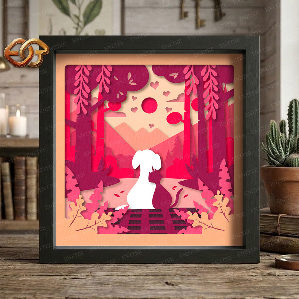 Dog Cat Couple Shadow Box SVG for Cricut | 3D Layered SVG Paper Cut Light Template
