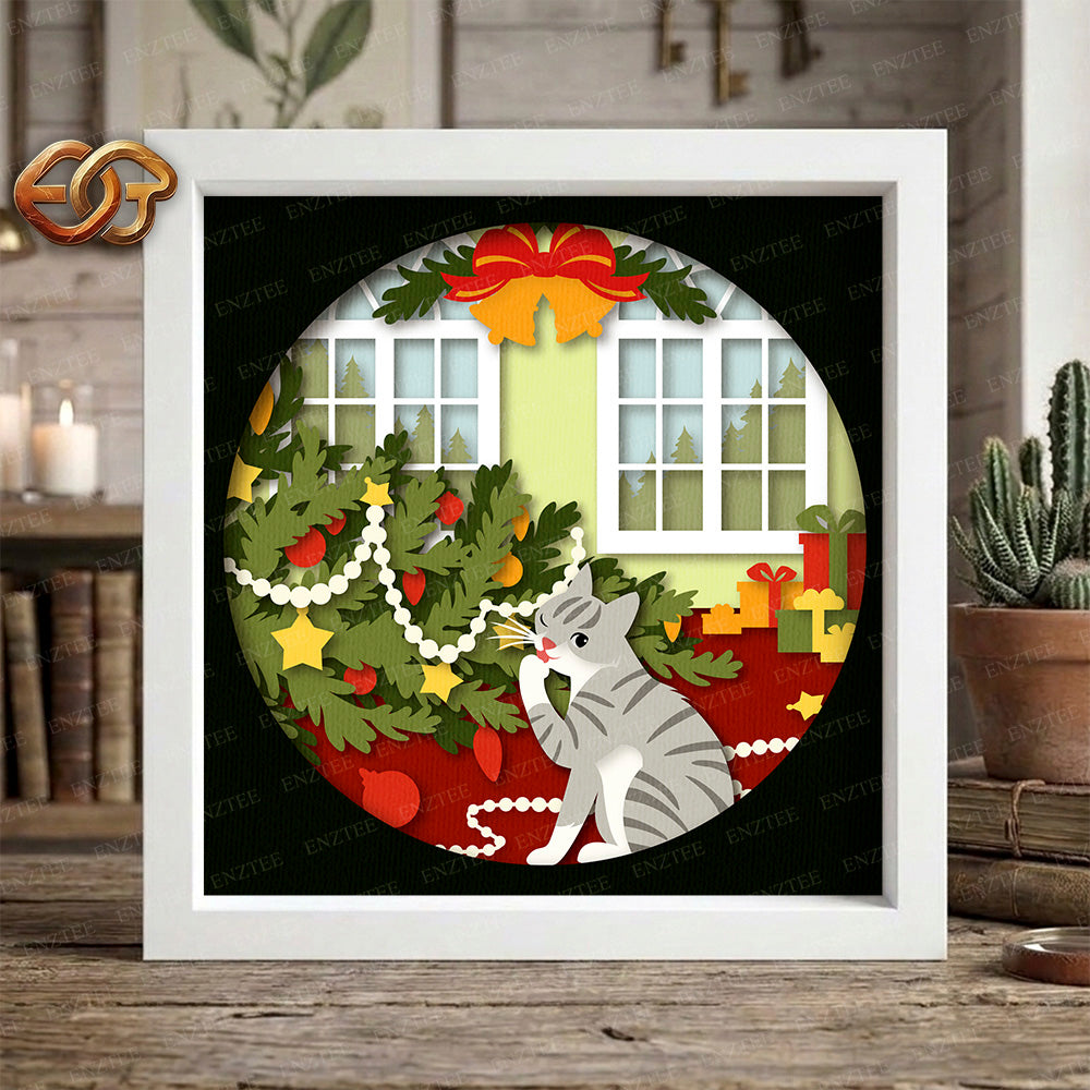 Christmas Cat Shadow Box SVG for Cricut | 3D Layered SVG Paper Cut Light Box Template