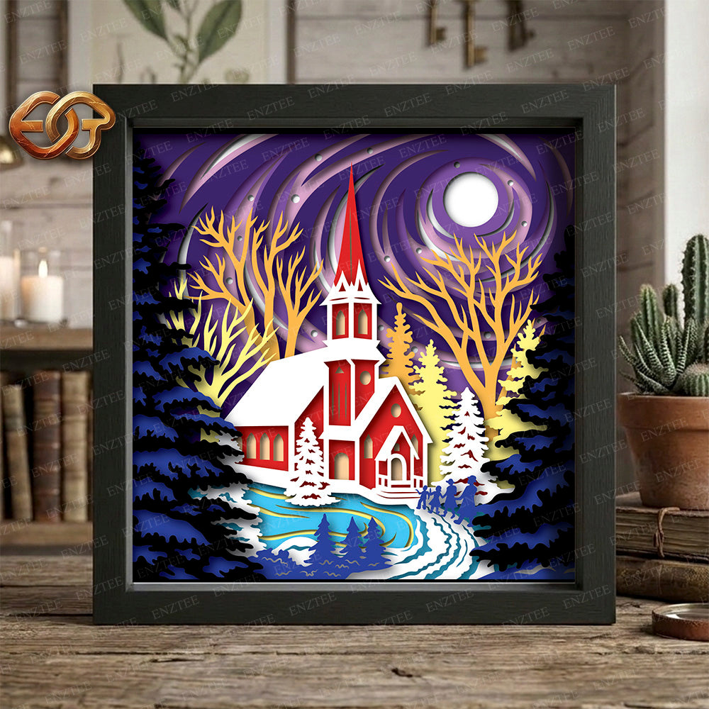 Christmas Church Shadow Box SVG for Cricut | 3D Layered SVG Paper Cut Light Box Template 1
