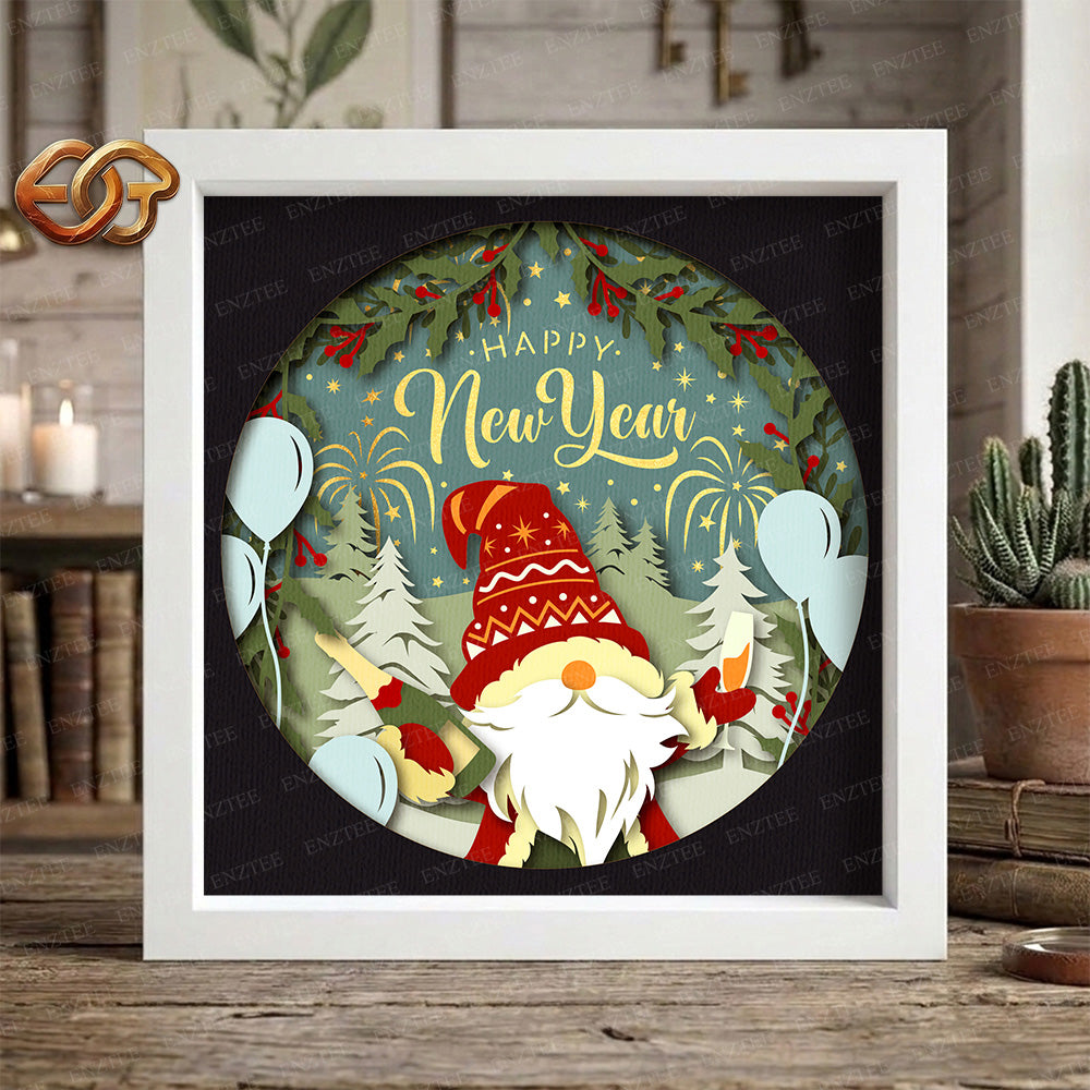 Happy New Year Gnome Shadow Box SVG for Cricut | 3D Layered SVG Paper Cut Light Template