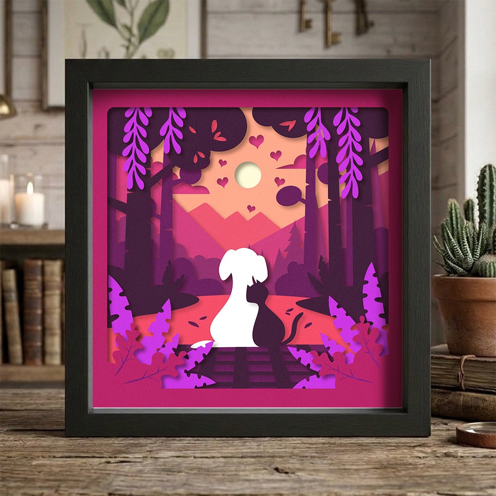 Dog Cat Couple Shadow Box SVG for Cricut | 3D Layered SVG Paper Cut Light Template