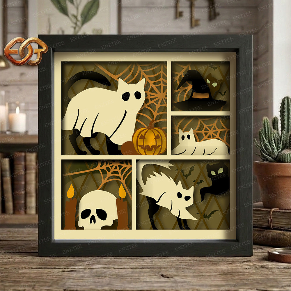 Ghost cats Shadow Box SVG for Cricut | 3D Layered SVG Paper Cut Light Template