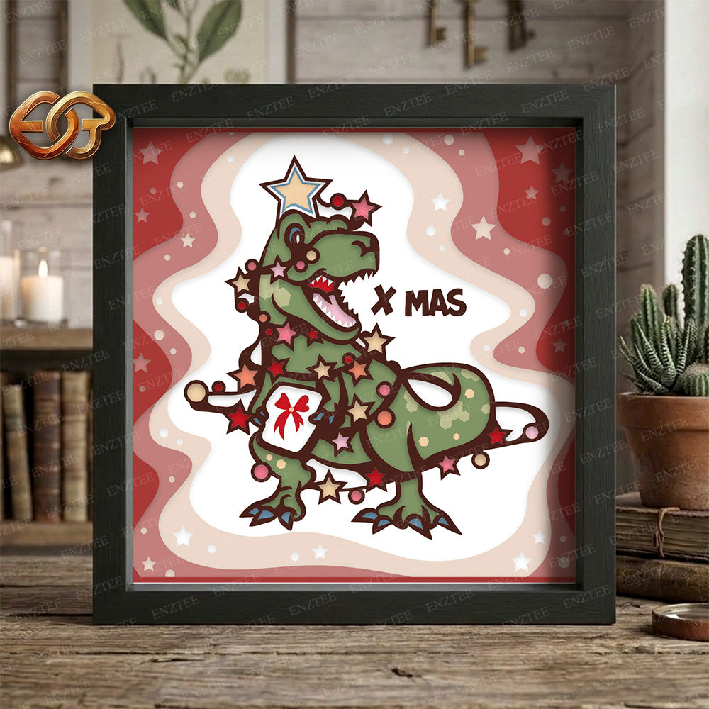 Christmas Dinosaur Shadow Box SVG for Cricut | 3D Layered SVG Paper Cut Light Box Template