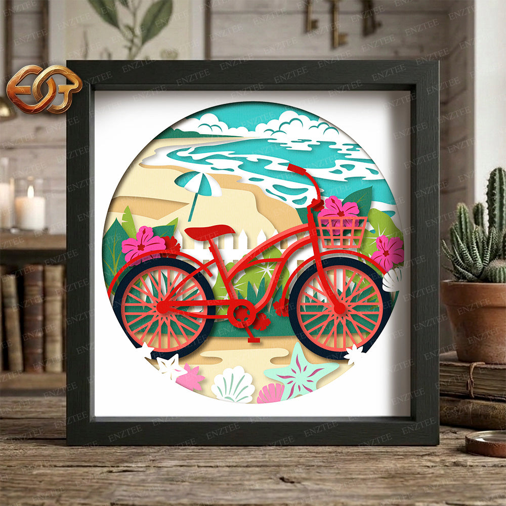 Beach Bicycle Shadow Box SVG for Cricut | 3D Layered SVG Paper Cut Light Box Template