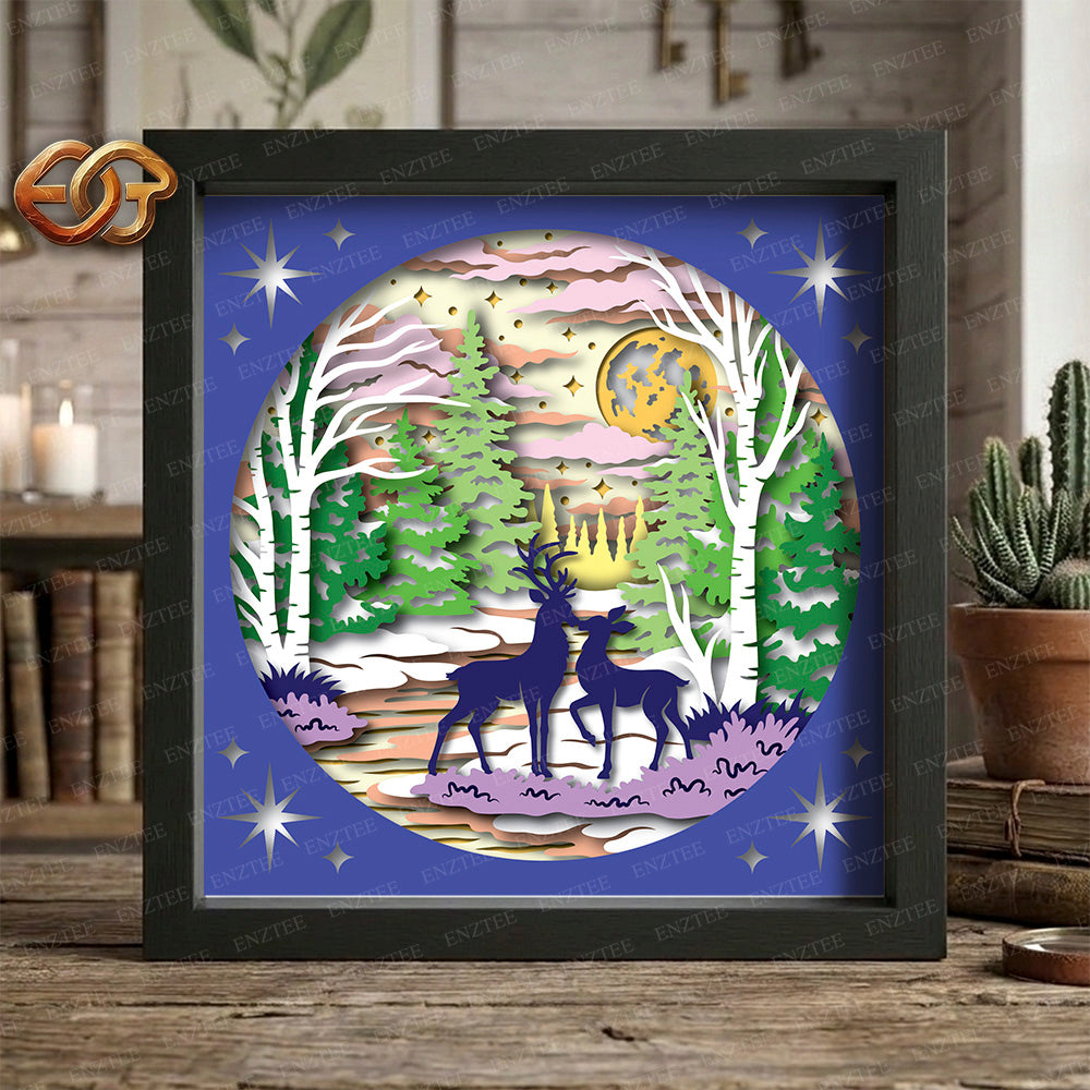 Christmas Deer Shadow Box SVG for Cricut | 3D Layered SVG Paper Cut Light Box Template