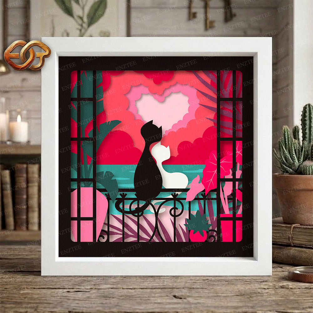 Cat Couple Shadow Box SVG for Cricut | 3D Layered SVG Paper Cut Light Template