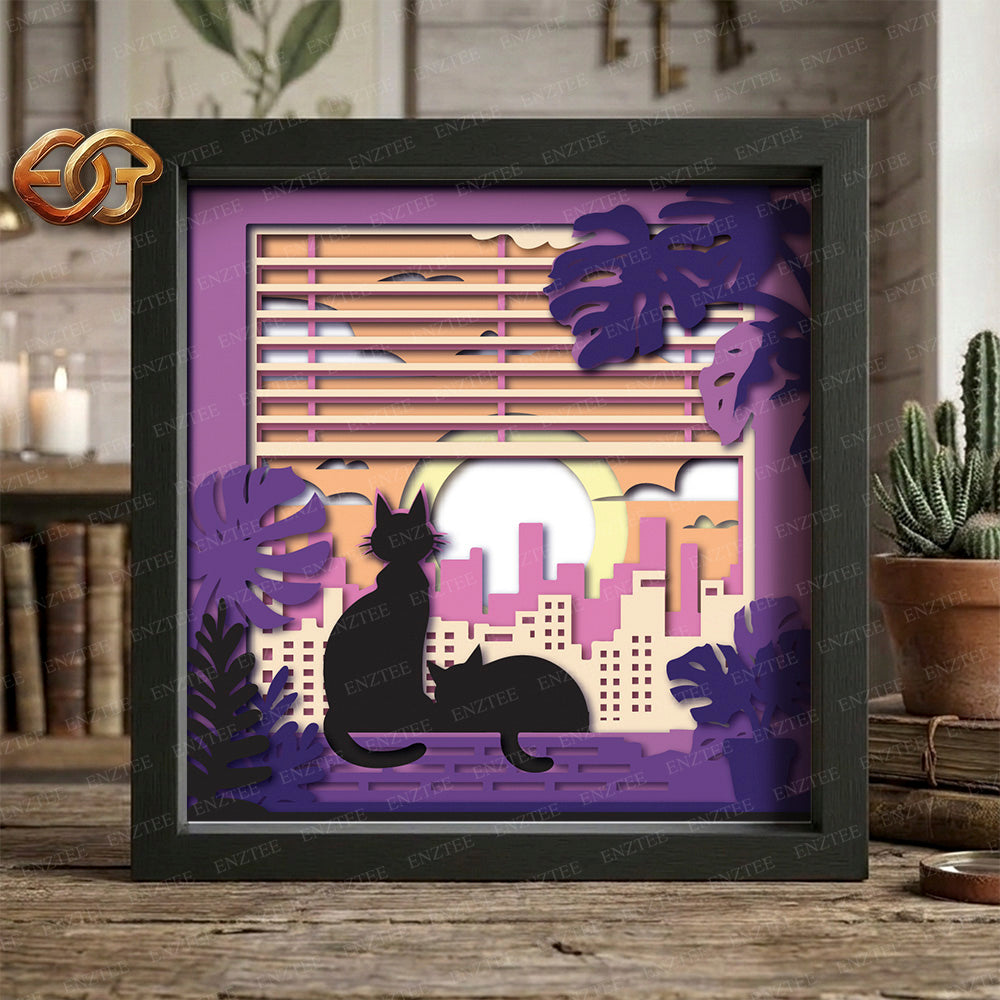 Cat on the balcony Shadow Box SVG for Cricut | 3D Layered SVG Paper Cut Light Template