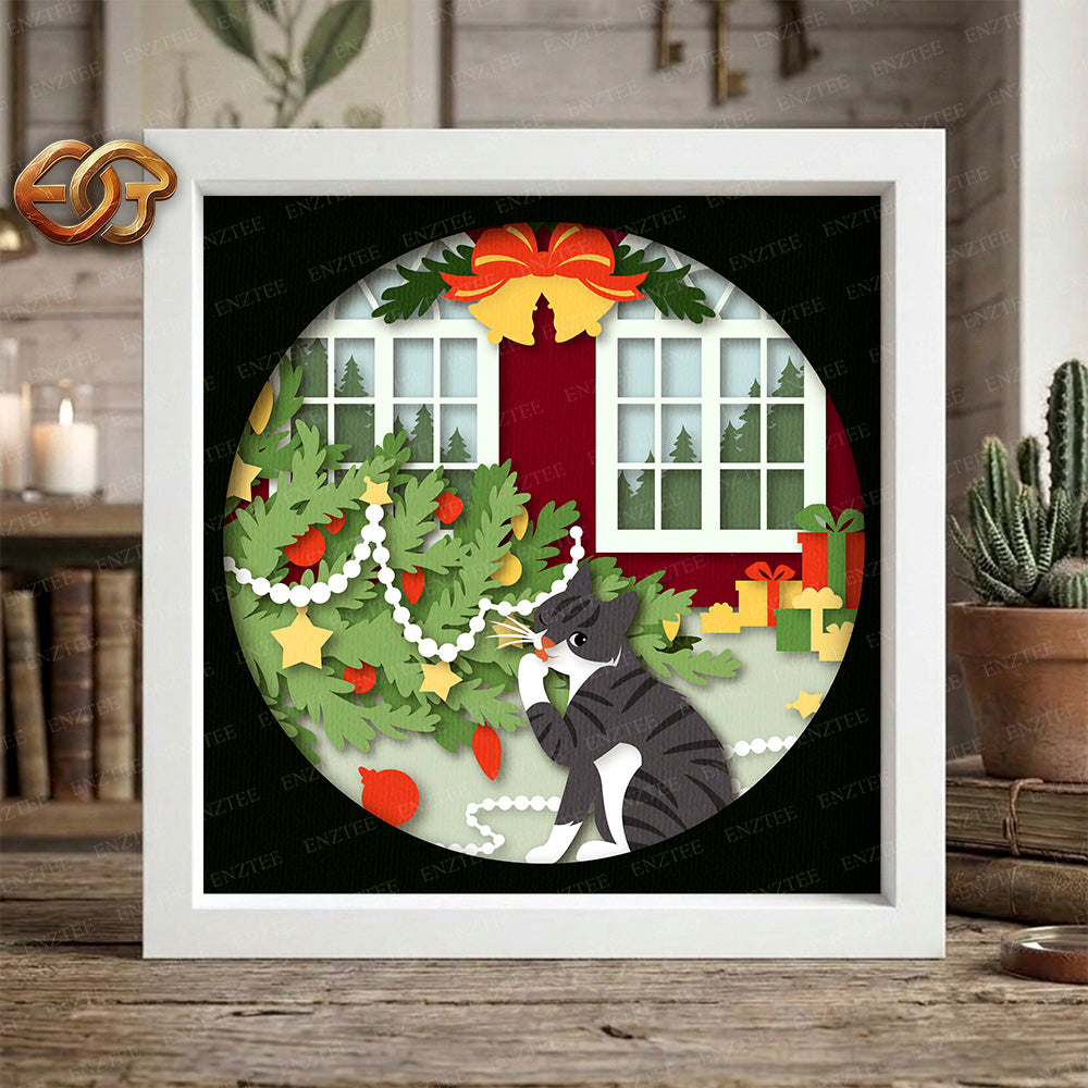 Christmas Cat Shadow Box SVG for Cricut | 3D Layered SVG Paper Cut Light Box Template