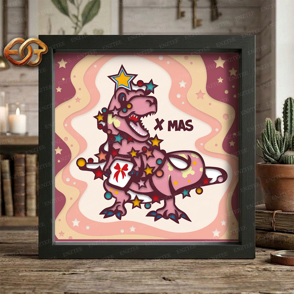Christmas Dinosaur Shadow Box SVG for Cricut | 3D Layered SVG Paper Cut Light Box Template