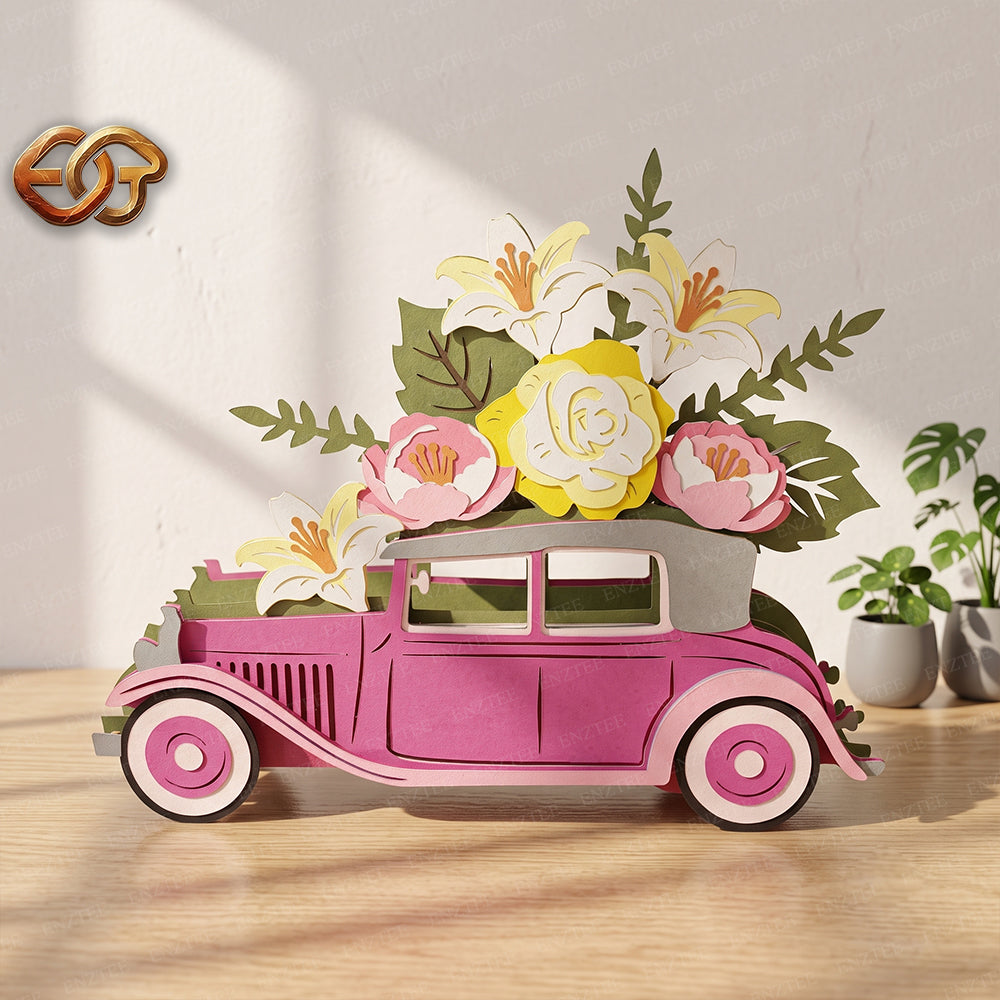 Combo 3 Flower Pop-up Car SVG – 3D Layered Flower Car Paper Craft Template for Cricut