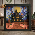 Halloween Starry Night Shadow Box SVG for Cricut | 3D Layered SVG Paper Cut Light Box Template
