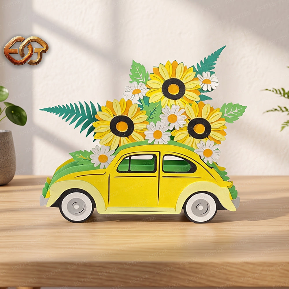 Flower Pop-up Car SVG – 3D Layered Flower Car Paper Craft Template for Cricut 2