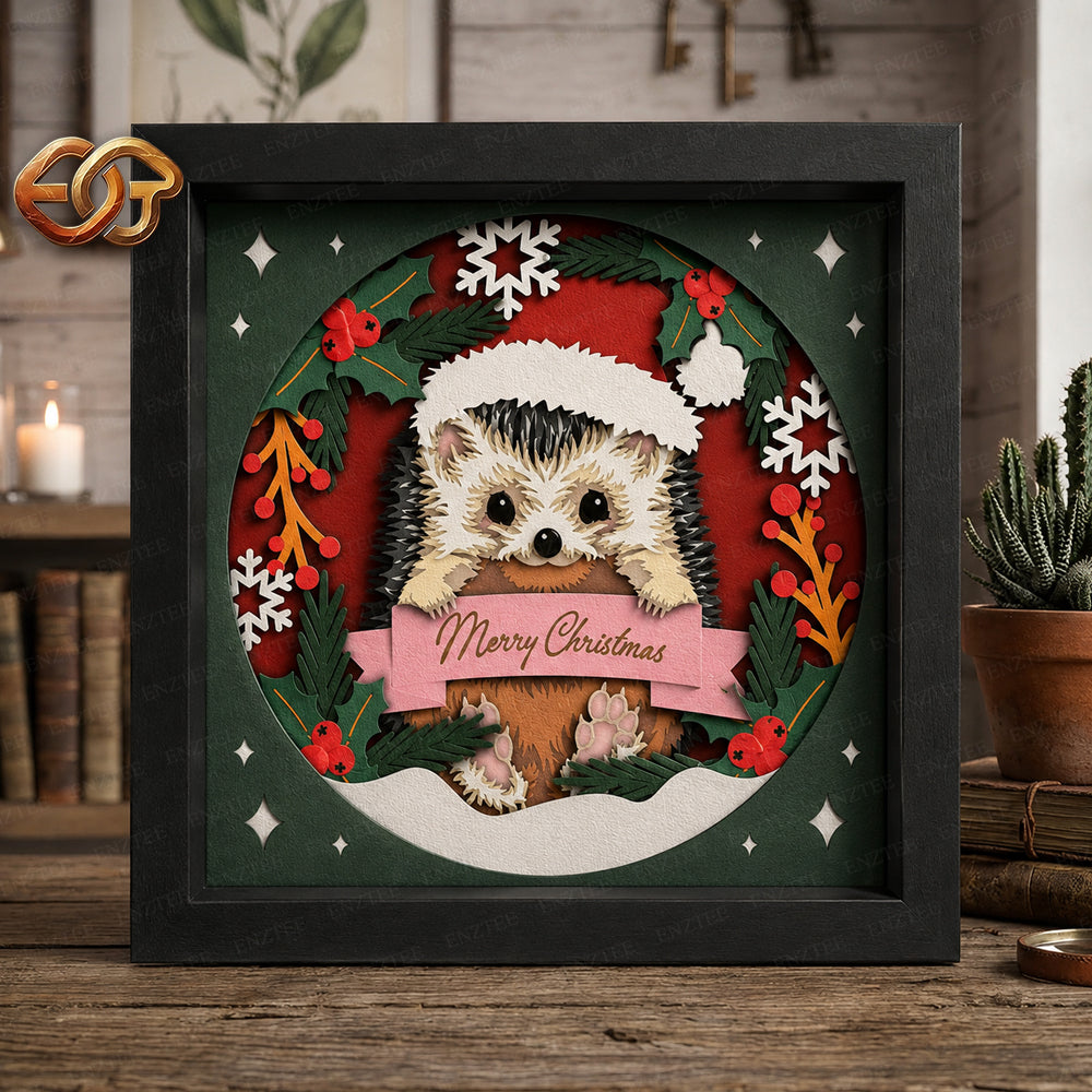 Christmas Hedgehog Shadow Box SVG for Cricut | 3D Layered SVG Paper Cut Light Box Template