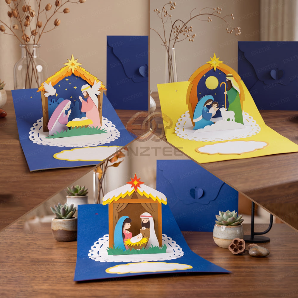 Combo 3 Nativity Scene Pop-up Card SVG - 3D Layered Christmas Paper Craft Template for Cricut