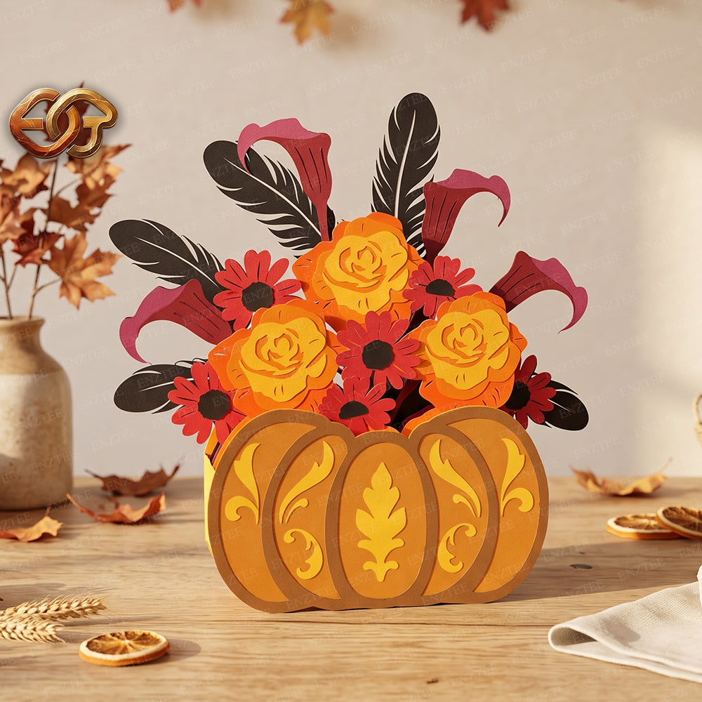 Combo 3 Flower Pop-Up Pumpkin Basket SVG - 3D Layered Fall & Halloween Paper Craft Template for Cricut