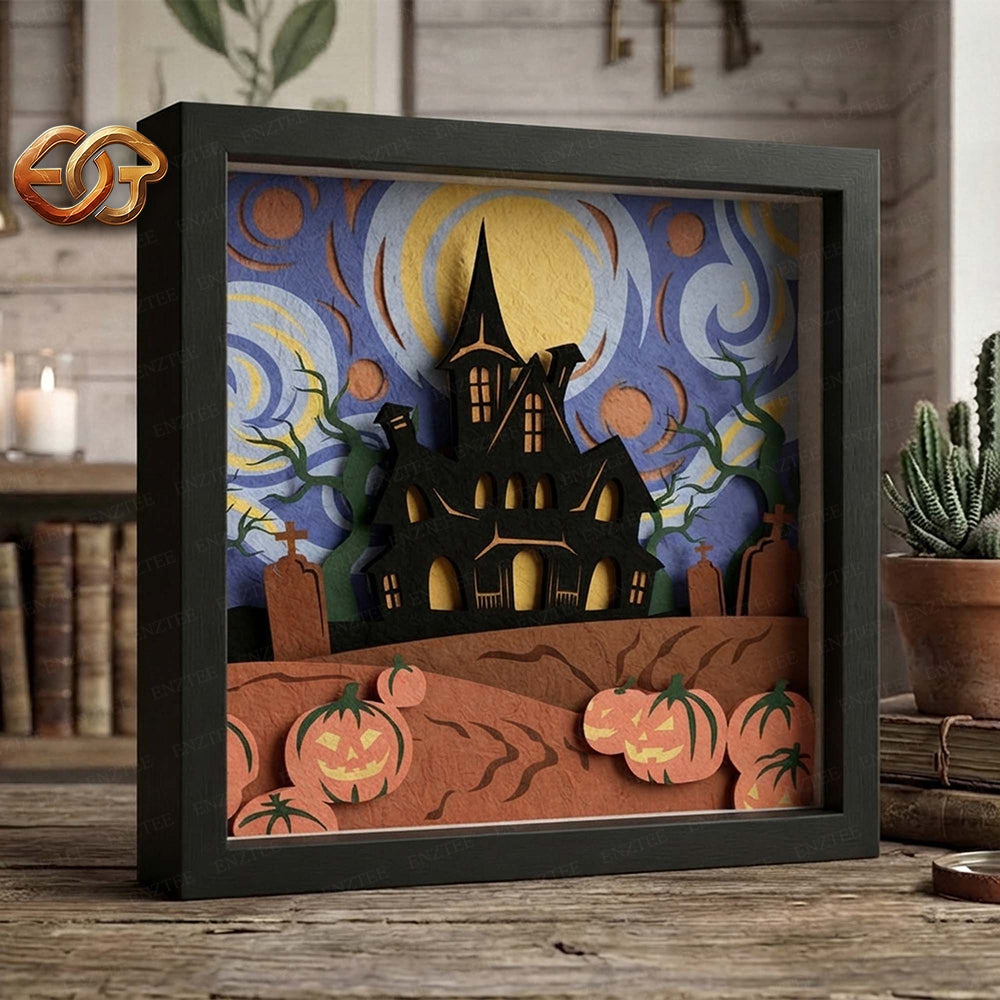 Halloween Starry Night Shadow Box SVG for Cricut | 3D Layered SVG Paper Cut Light Box Template