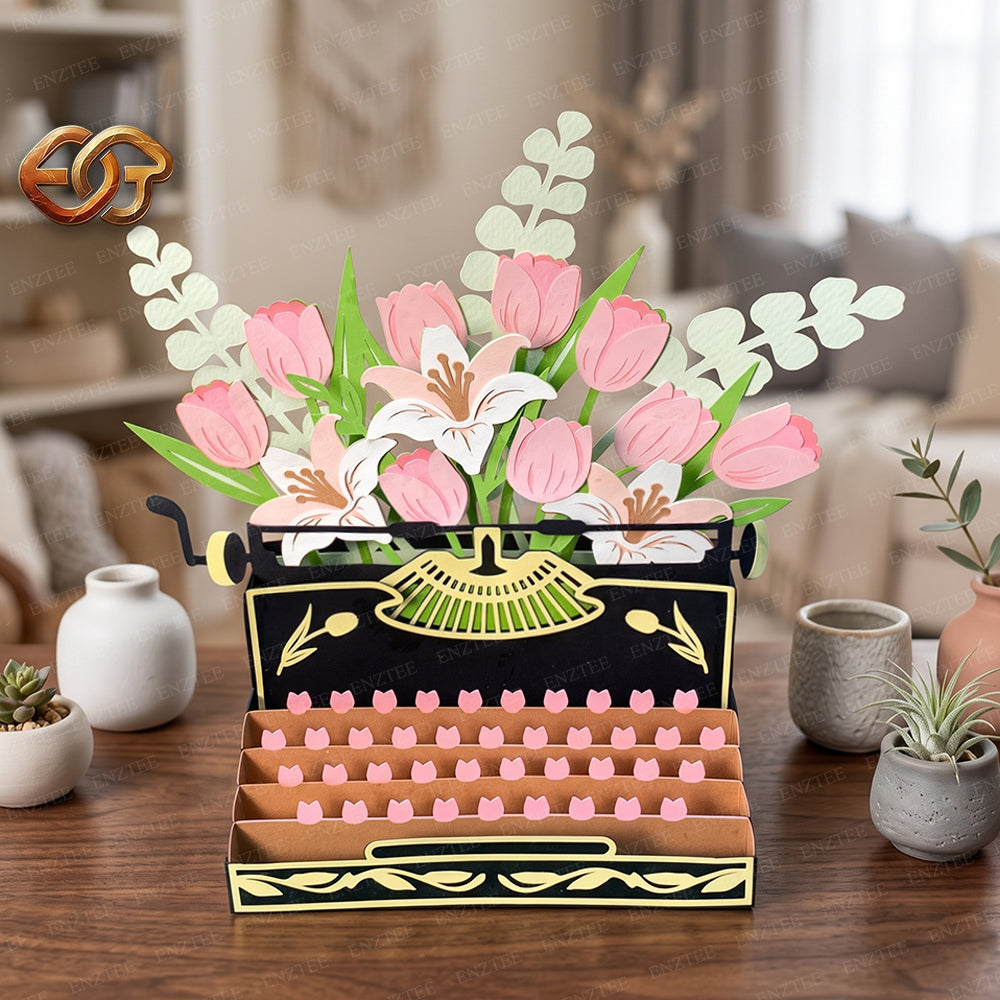 Combo 3 Floral Pop-up Typewriter SVG – 3D Layered Flower Typewriter Paper Craft Template for Cricut