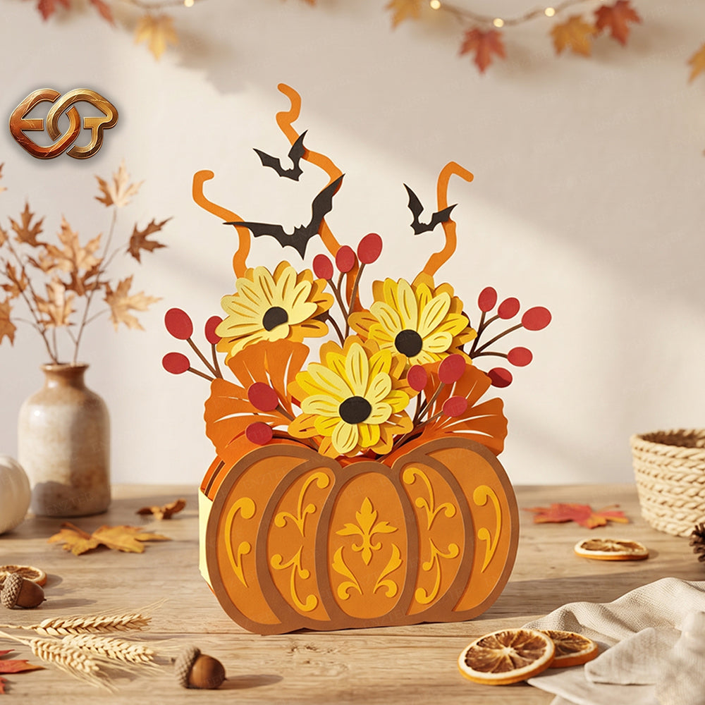 Flower Pop-Up Pumpkin Basket SVG - 3D Layered Fall & Halloween Paper Craft Template for Cricut 3