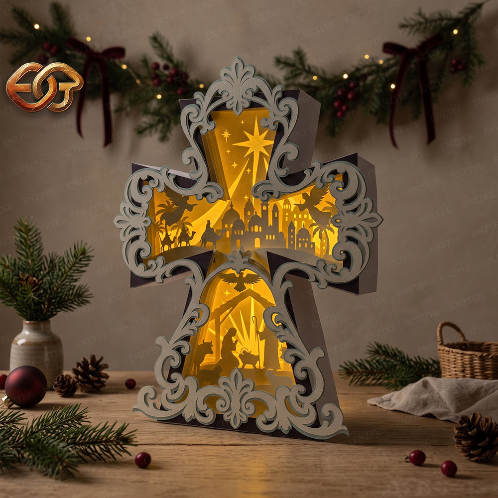 Nativity Scene Cross Box SVG for Cricut | 3D Layered SVG Paper Cut Light Box Template