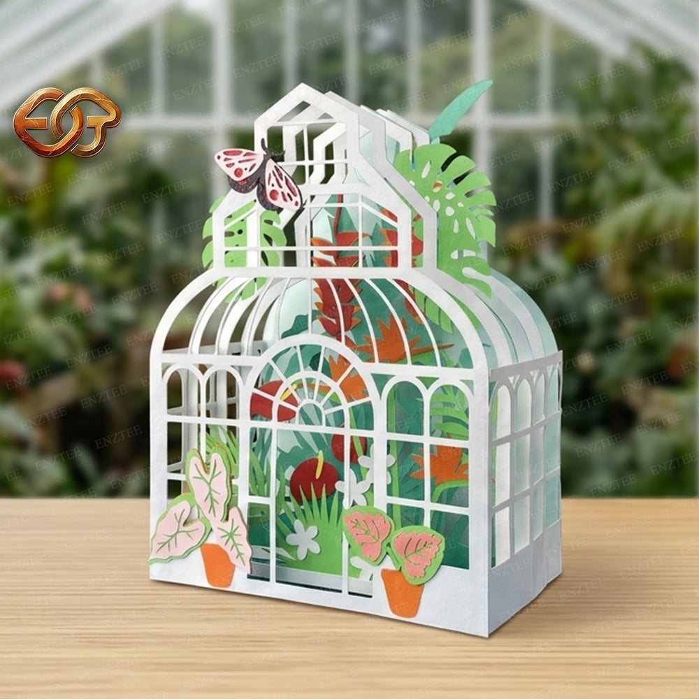 Greenhouse Garden Pop-Up Card SVG – 3D Tropical Plant Paper Craft Template 1