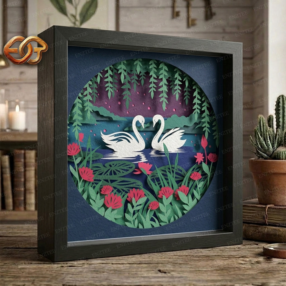 Swans Shadow Box SVG for Cricut | 3D Layered SVG Paper Cut Light Box Template
