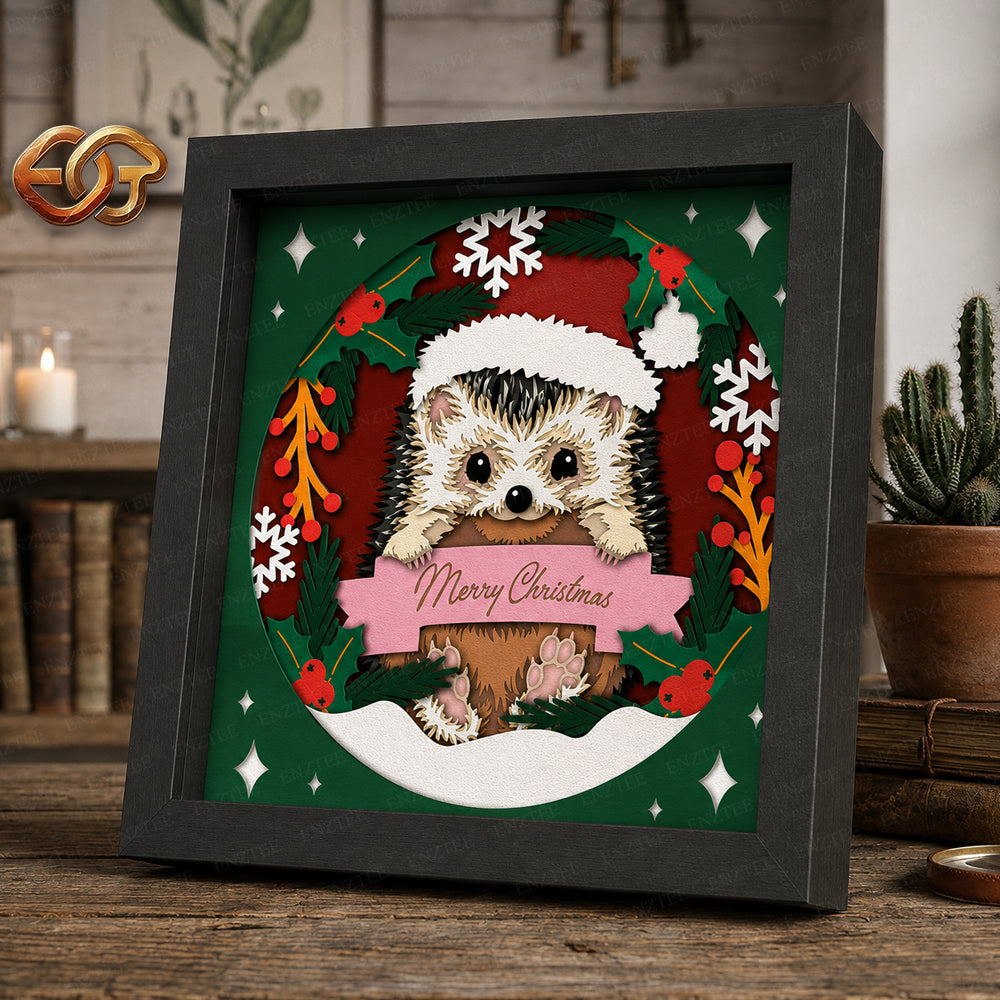 Christmas Hedgehog Shadow Box SVG for Cricut | 3D Layered SVG Paper Cut Light Box Template