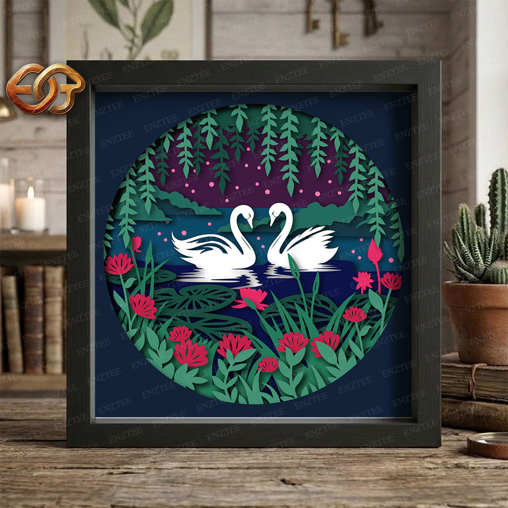 Swans Shadow Box SVG for Cricut | 3D Layered SVG Paper Cut Light Box Template