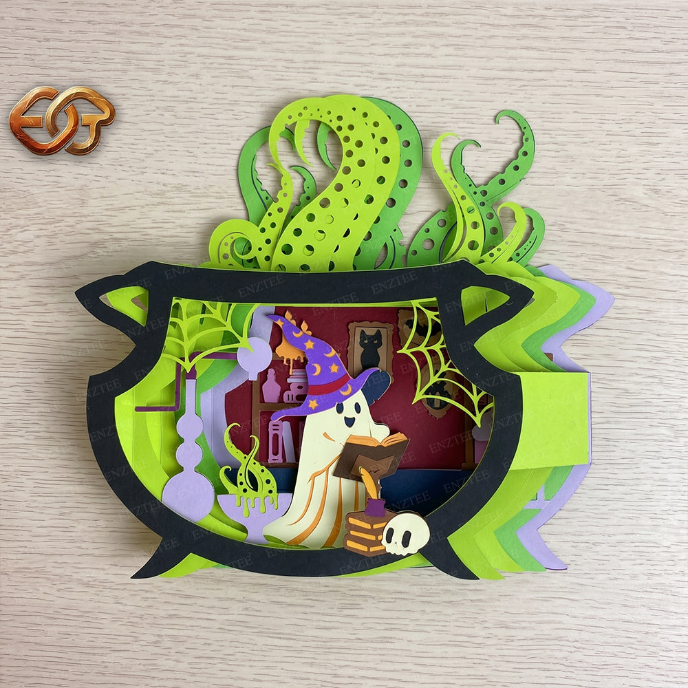 Halloween Boo Pop-up Claudron SVG - 3D Layered Halloween Paper Craft Template for Cricut 3