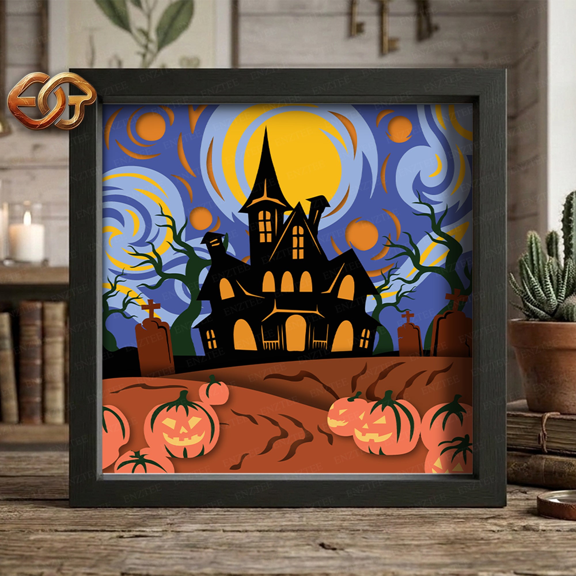 Halloween Starry Night Shadow Box SVG for Cricut | 3D Layered SVG Paper Cut Light Box Template